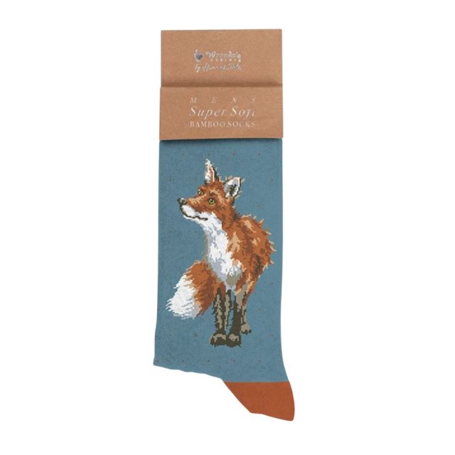 Men's blue bamboo socks featuring a stitched bright eyed and bushy tailed fox design