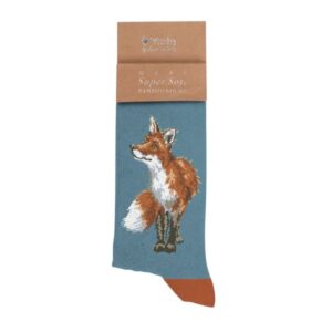 Men's blue bamboo socks featuring a stitched bright eyed and bushy tailed fox design