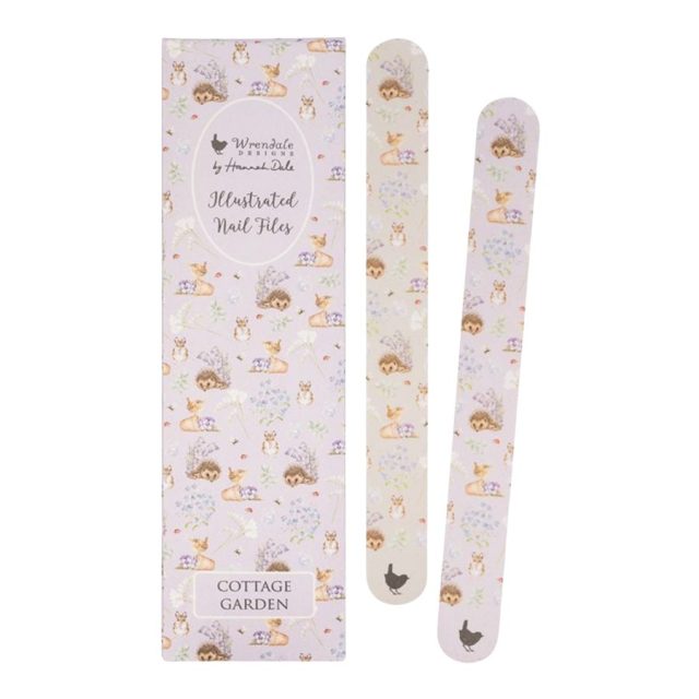 Wrendale Cottage Garden Nail File Set Wrendale Cottage Garden nail file set showing hedgehog and wren illustrations on pastel backgrounds with cardboard pouch