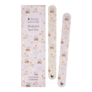 Wrendale Cottage Garden nail file set showing hedgehog and wren illustrations on pastel backgrounds with cardboard pouch