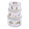 Stacked Wrendale green cake tins featuring hares, ducks and owls illustrations
