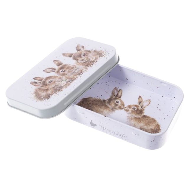 Mini gift tin with artistic rabbit illustrations on lid and inside