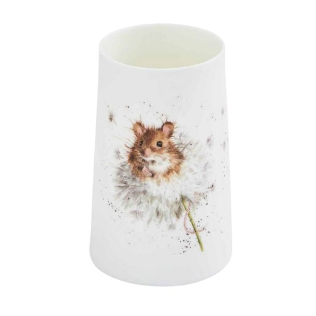 White small vase with artistic mouse sitting in a dandelion design