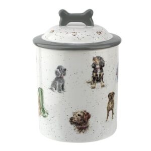 Wrendale Dog Treat Jar Porcelain Wrendale dog treat jar featuring various artistic dog illustrations with dark grey bone-shaped lid
