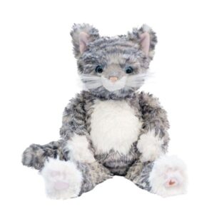 Grey and white plush Esmeralda cat character sitting upright with embroidered details