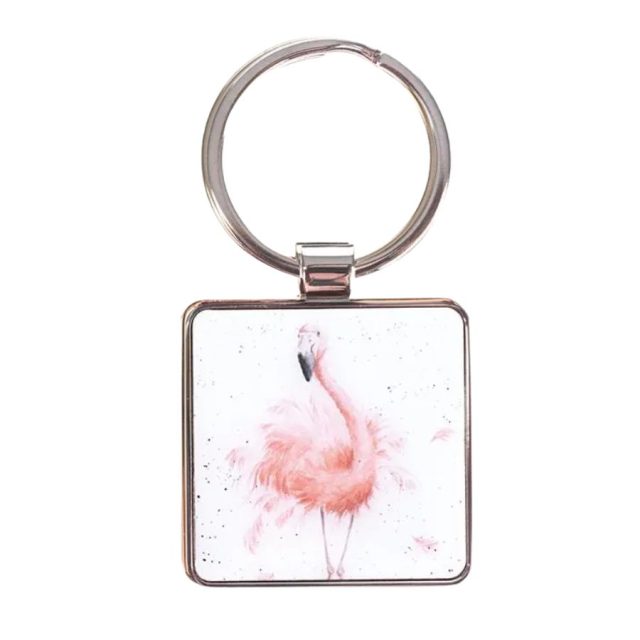 Wrendale Pretty In Pink flamingo design on square keyring front