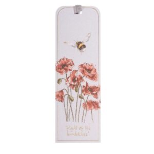 Wrendale bookmark featuring a bumblebee and red poppy flowers with gold foil detail