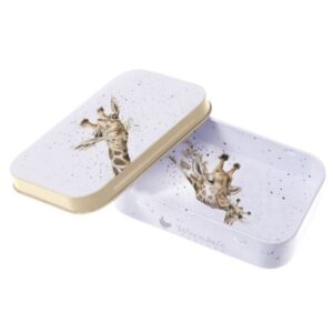 Open Wrendale mini gift tin with flowers and giraffe illustration on lid and base