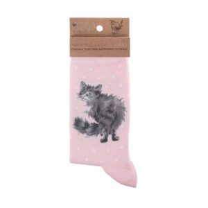 Pink Wrendale Glamour Puss Cat Sock with grey cat design on packaging