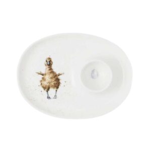 Oval egg saucer featuring a fluffy gosling design and an egg cup area