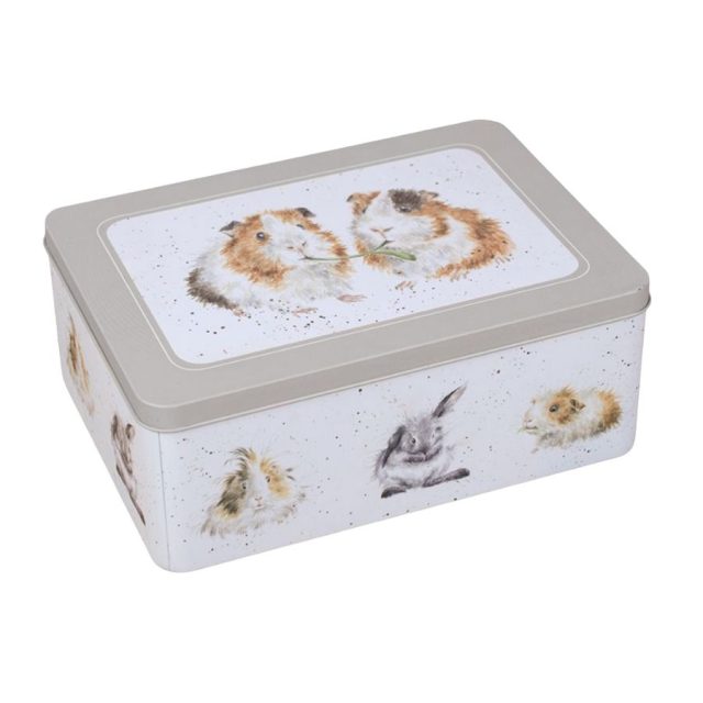 Rectangular Wrendale tin with guinea pig and rabbit illustrations and grey edging