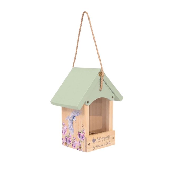 Wrendale Hanging Bird Feeder with green roof and floral bird illustrations side view
