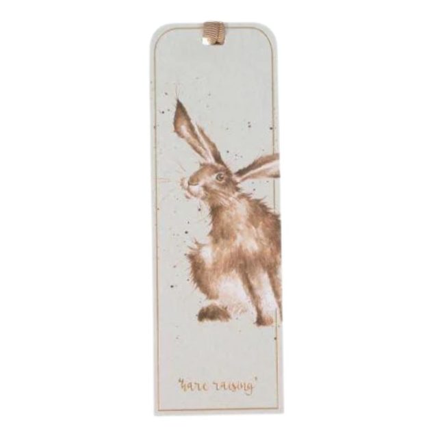 Wrendale Hare Raising hare bookmark on textured board with gold foil and ribbon