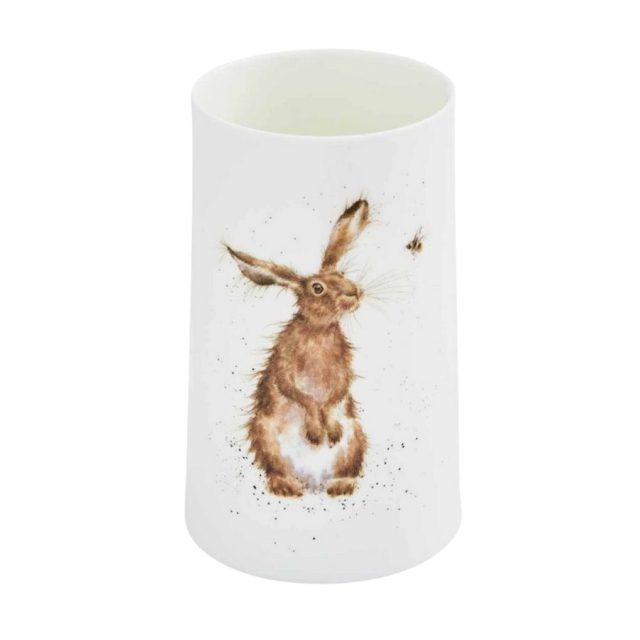 Wrendale 'Hare and the Bee' hare vase White cylindrical vase with hare and bee illustration on fine bone china