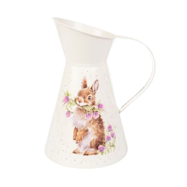 Cream flower jug with rabbit and clover design and curved handle
