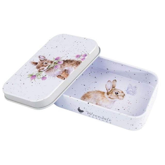 Wrendale mini tin with head clover heels rabbit design, open showing inner rabbit illustration