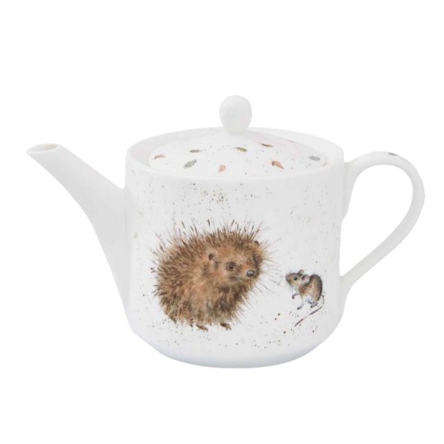 Wrendale Hedgehog Teapot White ceramic teapot featuring hedgehog and mouse illustration from Wrendale
