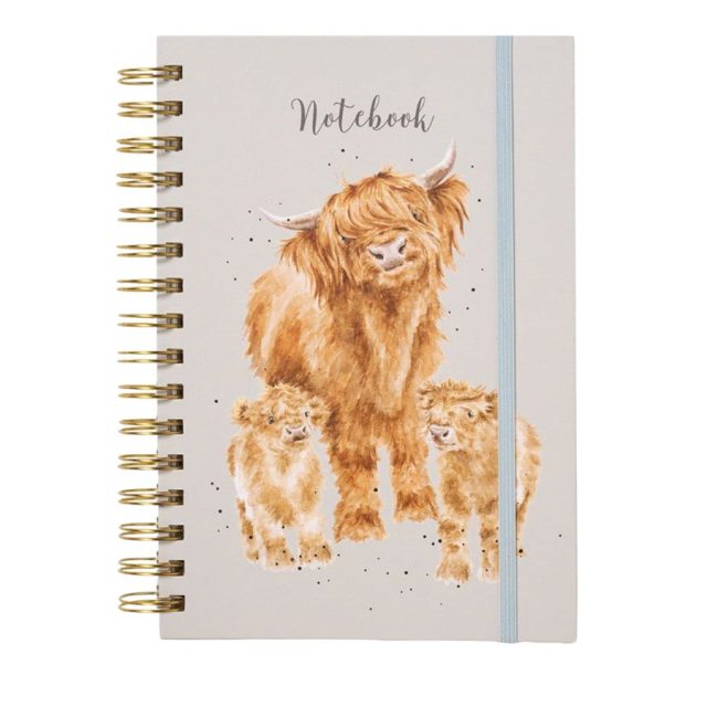 A5 spiral bound notebook with Wrendale Highland Coo design and elastic closure