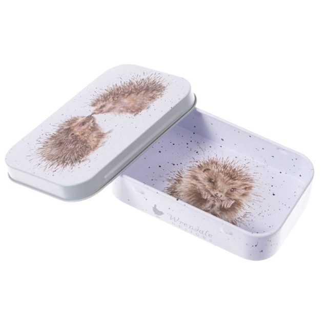 Wrendale Hogs and Kisses Hedgehog mini tin open showing hedgehog illustration inside and on lid