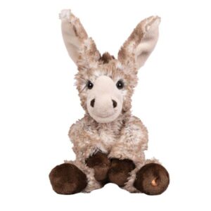 Front sitting view of Wrendale Jack donkey plush toy with soft textured fur and embroidered details