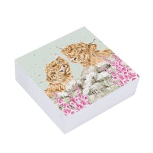 Sticky note block featuring Wrendale Just for Moo Highland Cow design with flowers