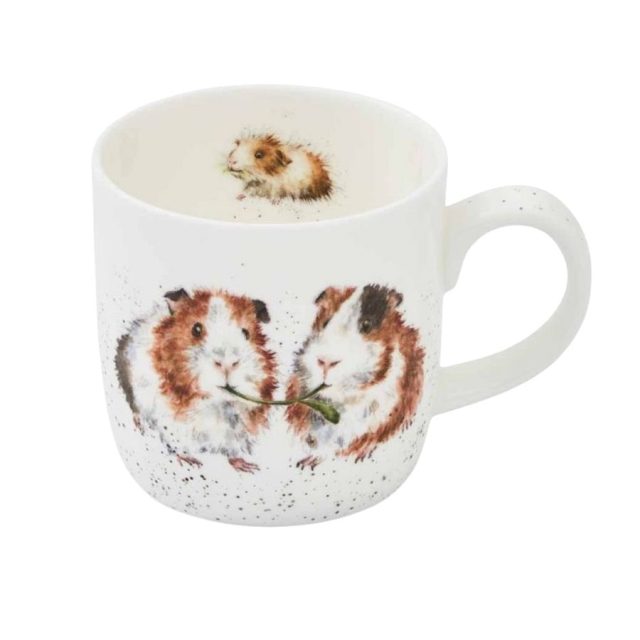 Wrendale 'Lettuce be Friends' guinea pig mug Wrendale Lettuce be Friends mug showing two guinea pigs sharing a leaf on front with a small guinea pig inside rim