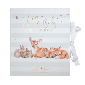 Wrendale Baby Record Book cover with gold foil lettering and woodland animal illustrations