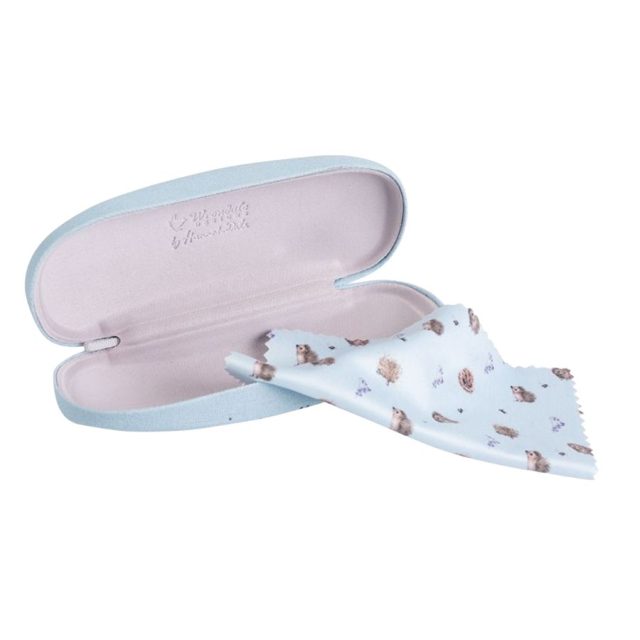 Open Wrendale glasses case showing soft inner lining and patterned cleaning cloth