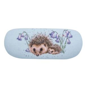 Wrendale glasses case with hedgehog and bluebell flower illustration on light blue canvas