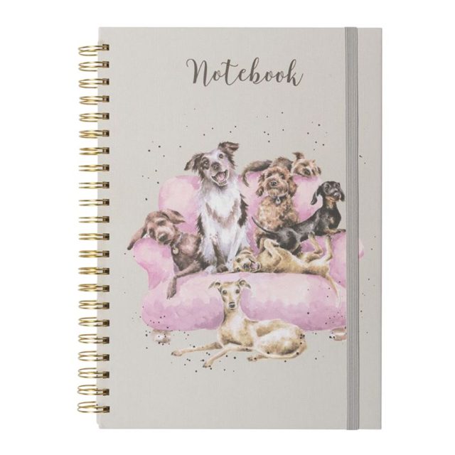 Wrendale Movie Night Dog A4 spiral bound notebook with grey elastic closure and dog illustration