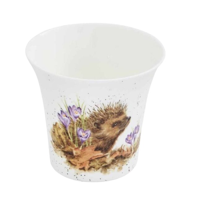 Wrendale New Beginnings herb pot featuring a hedgehog and crocus flowers in delicate design