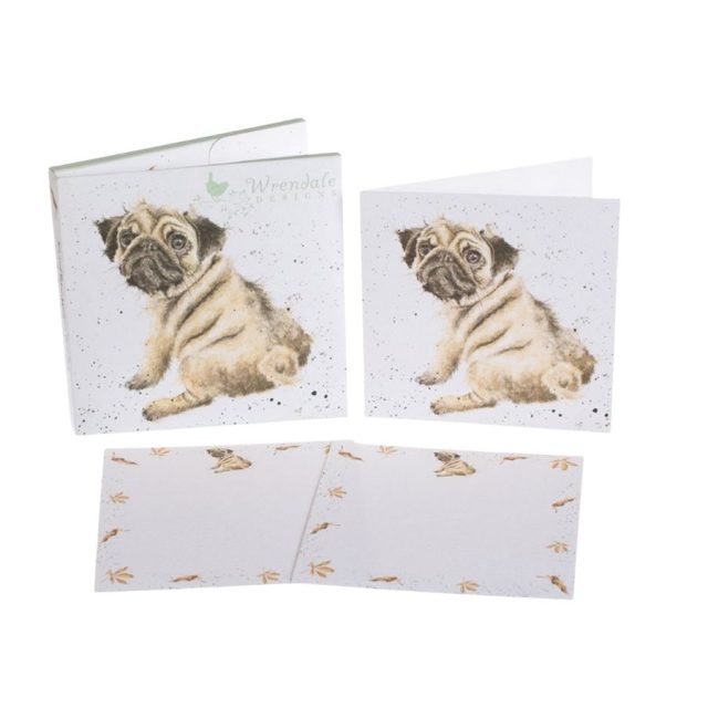 Wrendale Pug Love notecard set showing pug design, correspondence cards and envelopes