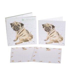 Wrendale Pug Love notecard set showing pug design, correspondence cards and envelopes