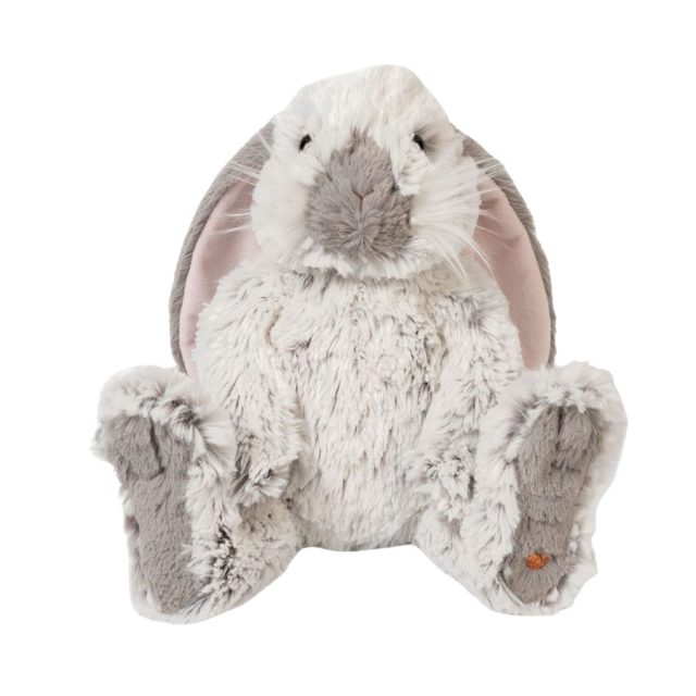 Wrendale Rosie Rabbit Front view of fluffy grey and white Wrendale rabbit plush toy with embroidered wren on foot