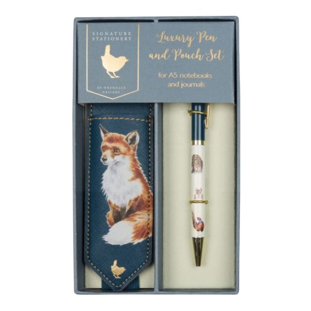Wrendale navy pouch with fox illustration and ballpoint pen with woodland animal designs in gift box
