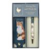 Wrendale navy pouch with fox illustration and ballpoint pen with woodland animal designs in gift box