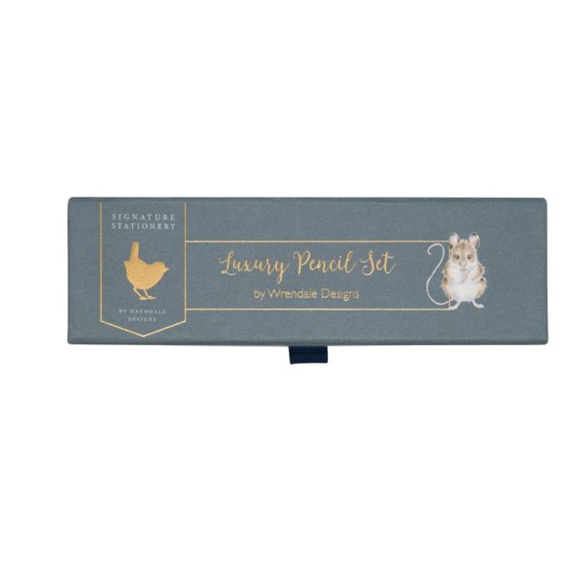 Closed Wrendale Signature Stationery pencil set gift box with mouse illustration and gold text