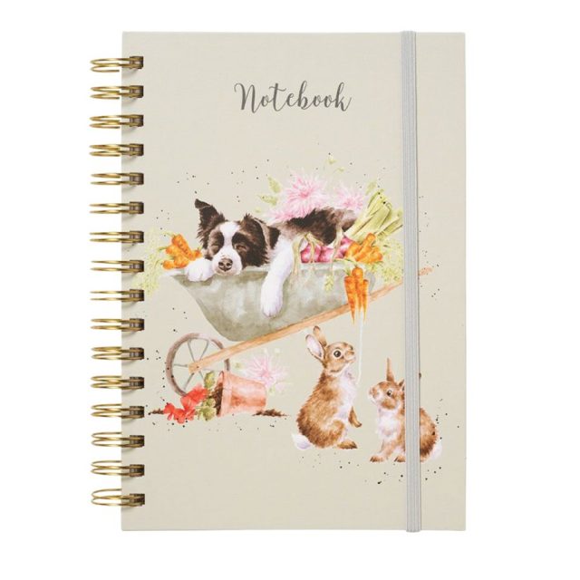 A5 spiral bound notebook with Wrendale 'Sleeping on the Job' illustration of Border Collie in wheelbarrow and rabbits on
