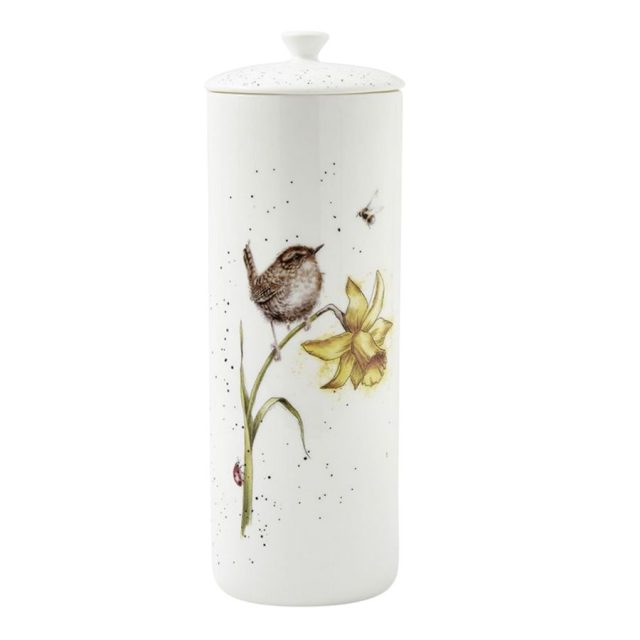 Tall white ceramic storage jar with wren and daffodil design and fitted lid