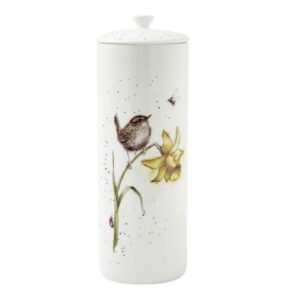 Wrendale 'The Birds and the Bees' Wren Tall Lidded Storage Jar Tall white ceramic storage jar with wren and daffodil design and fitted lid