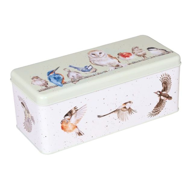 Rectangular cracker tin with light green lid and bird illustrations on all sides
