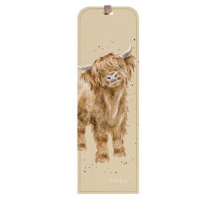 Wrendale Highland Cow bookmark with gold foil detail and ribbon on textured board
