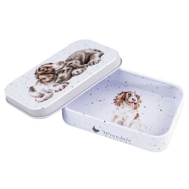 Wrendale 'Variety of Life' Bird Mini Tin Open white mini tin featuring Spaniel and Labrador illustrations inside and on lid