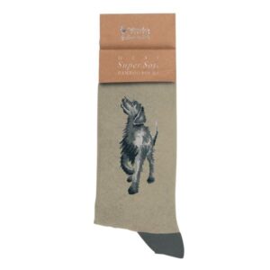 Khaki men's socks with a stitched grey Labrador dog design and brown packaging label