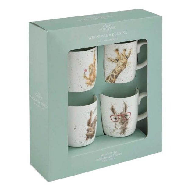 Wrendale Zoo Gift Set of 4 Mugs Box Set Packaged set of four Wrendale Zoo fine bone china mugs in a mint green box