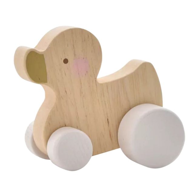 Bambino Toy Wooden Push Duck Natural finish wooden duck with four white wheels designed for baby play and development