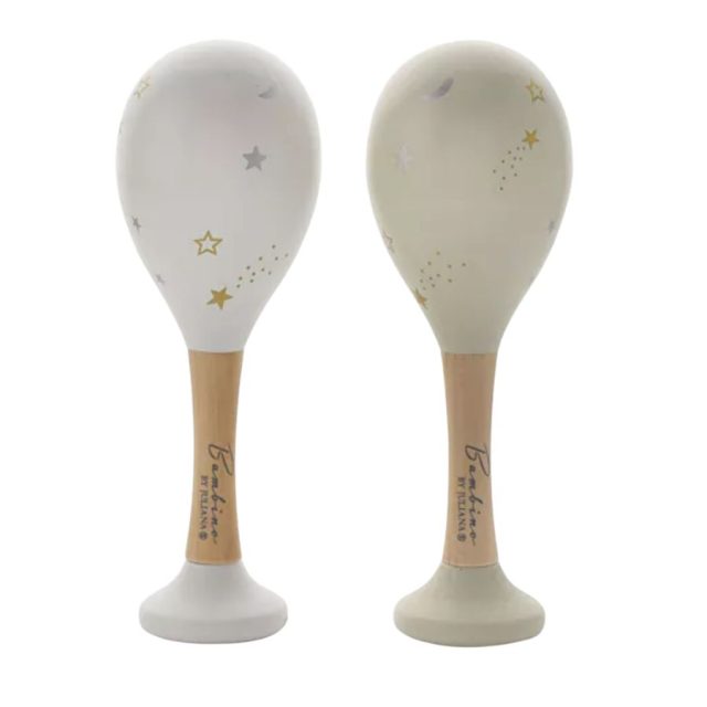 Pair of hand painted wooden maracas with silver and gold star decoration