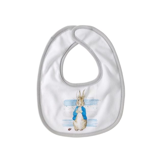 White baby bib with grey trim and a Peter Rabbit illustration on front