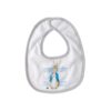 White baby bib with grey trim and a Peter Rabbit illustration on front