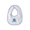 White baby bib with blue trim showing Peter Rabbit sitting down illustration